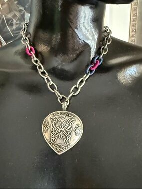 Lucky Brand Silver Butterfly Teardrop Pendant Necklace with Pink & Blue Accents